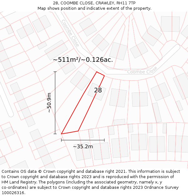 28, COOMBE CLOSE, CRAWLEY, RH11 7TP: Plot and title map