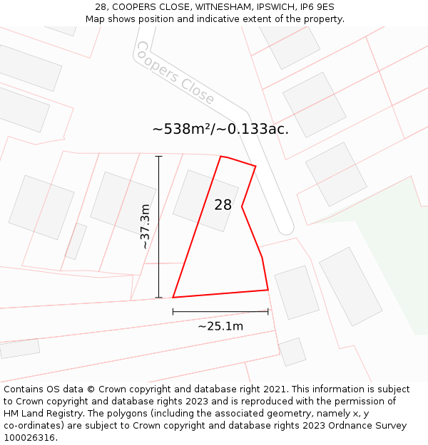 28, COOPERS CLOSE, WITNESHAM, IPSWICH, IP6 9ES: Plot and title map