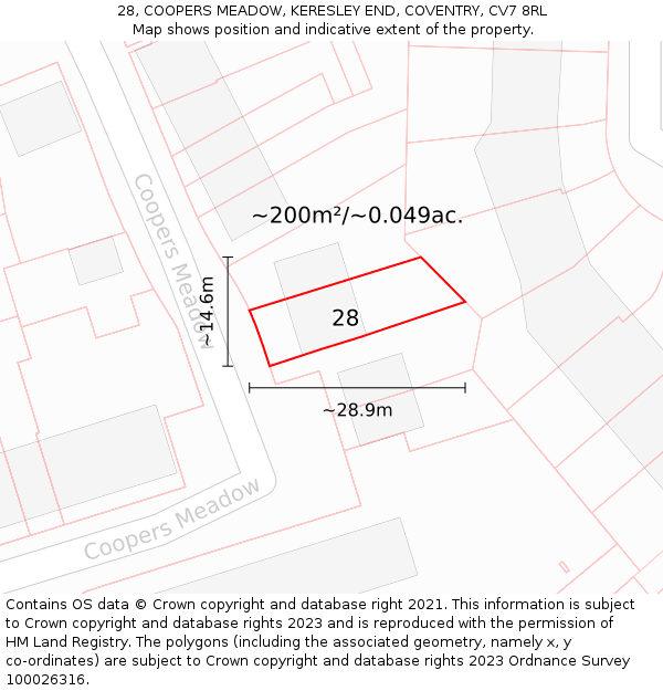 28, COOPERS MEADOW, KERESLEY END, COVENTRY, CV7 8RL: Plot and title map