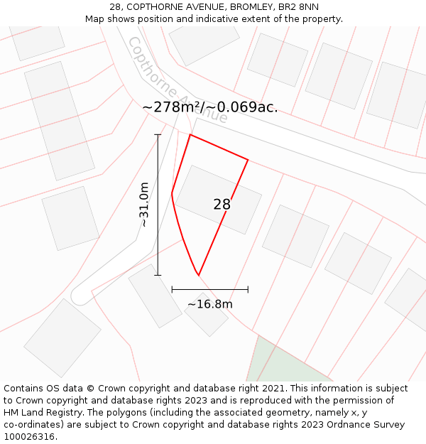 28, COPTHORNE AVENUE, BROMLEY, BR2 8NN: Plot and title map