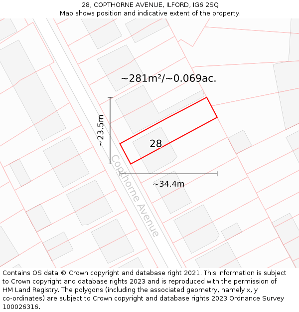 28, COPTHORNE AVENUE, ILFORD, IG6 2SQ: Plot and title map