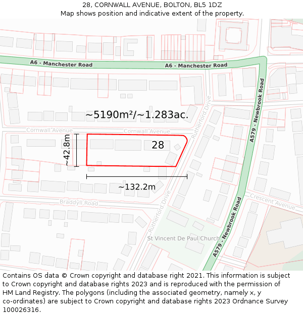 28, CORNWALL AVENUE, BOLTON, BL5 1DZ: Plot and title map