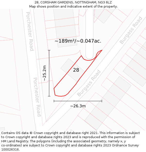 28, CORSHAM GARDENS, NOTTINGHAM, NG3 6LZ: Plot and title map