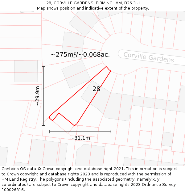 28, CORVILLE GARDENS, BIRMINGHAM, B26 3JU: Plot and title map