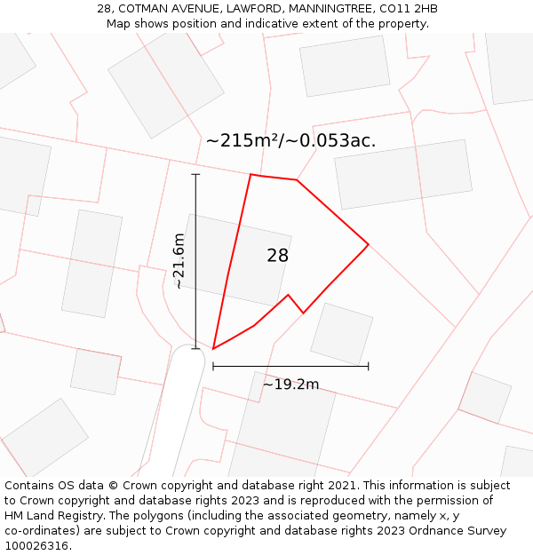 28, COTMAN AVENUE, LAWFORD, MANNINGTREE, CO11 2HB: Plot and title map