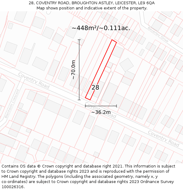 28, COVENTRY ROAD, BROUGHTON ASTLEY, LEICESTER, LE9 6QA: Plot and title map