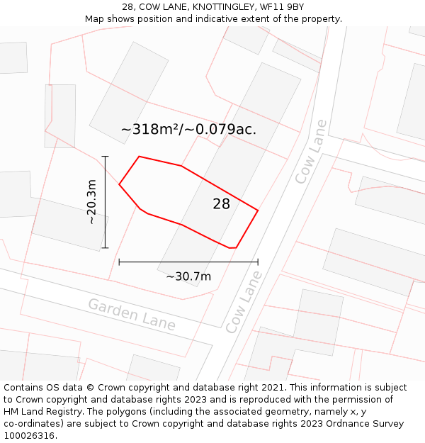 28, COW LANE, KNOTTINGLEY, WF11 9BY: Plot and title map