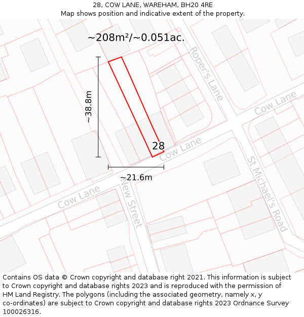 28, COW LANE, WAREHAM, BH20 4RE: Plot and title map