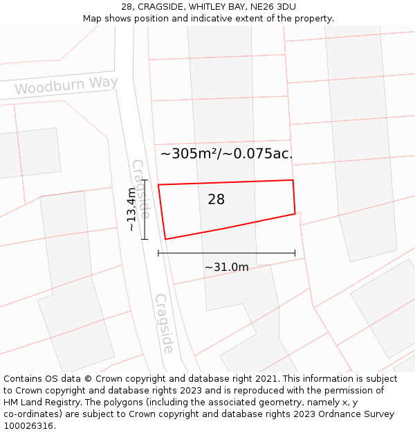 28, CRAGSIDE, WHITLEY BAY, NE26 3DU: Plot and title map