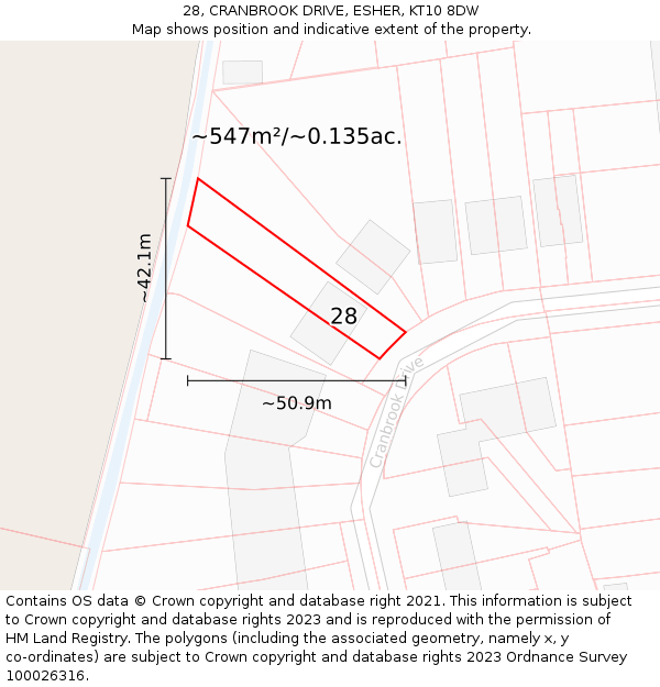 28, CRANBROOK DRIVE, ESHER, KT10 8DW: Plot and title map