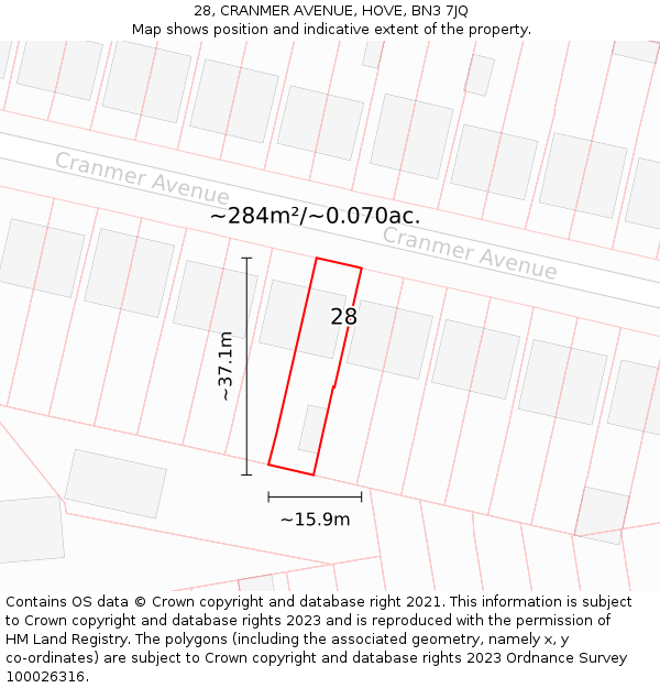 28, CRANMER AVENUE, HOVE, BN3 7JQ: Plot and title map