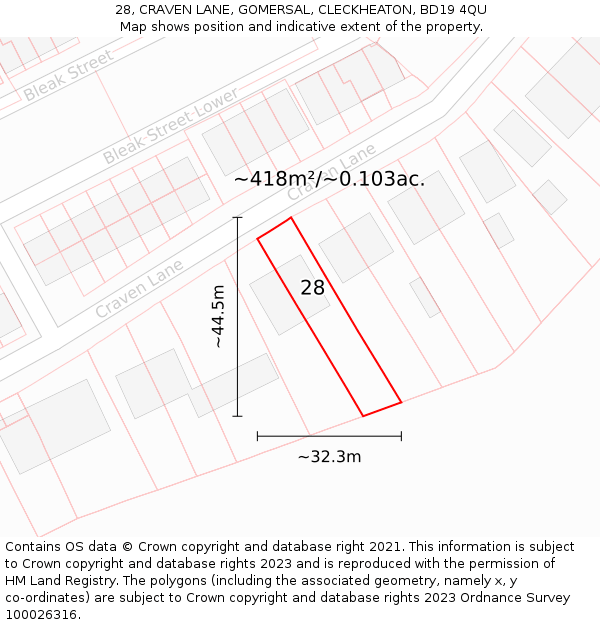 28, CRAVEN LANE, GOMERSAL, CLECKHEATON, BD19 4QU: Plot and title map