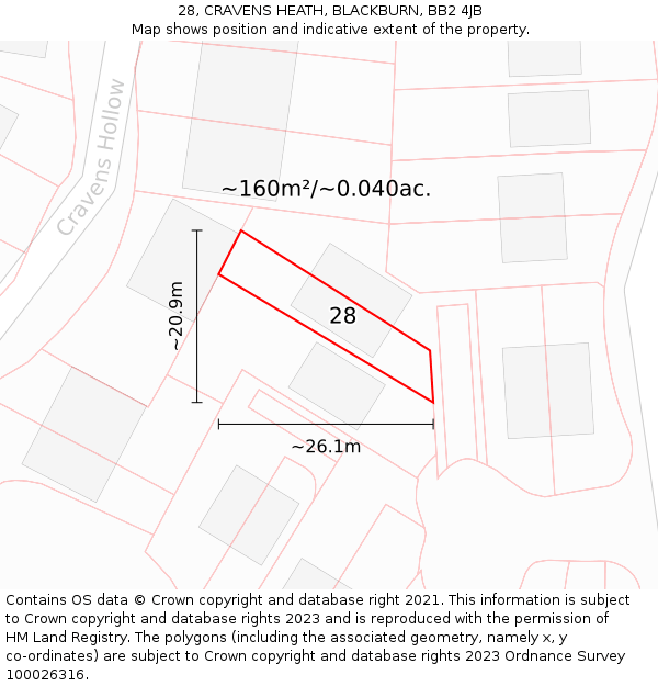 28, CRAVENS HEATH, BLACKBURN, BB2 4JB: Plot and title map