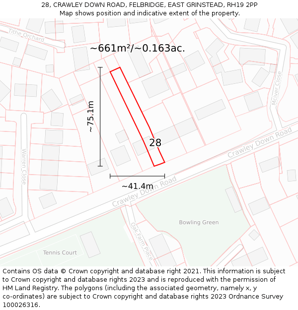 28, CRAWLEY DOWN ROAD, FELBRIDGE, EAST GRINSTEAD, RH19 2PP: Plot and title map