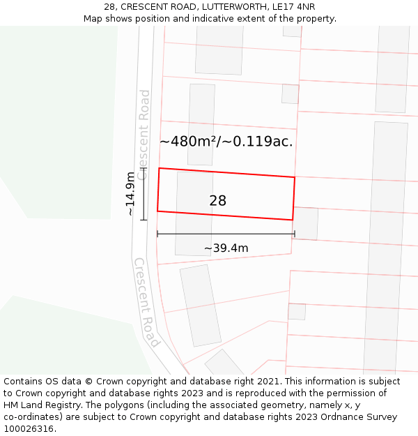 28, CRESCENT ROAD, LUTTERWORTH, LE17 4NR: Plot and title map