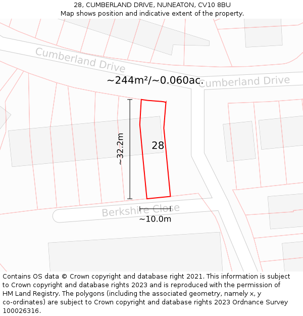 28, CUMBERLAND DRIVE, NUNEATON, CV10 8BU: Plot and title map