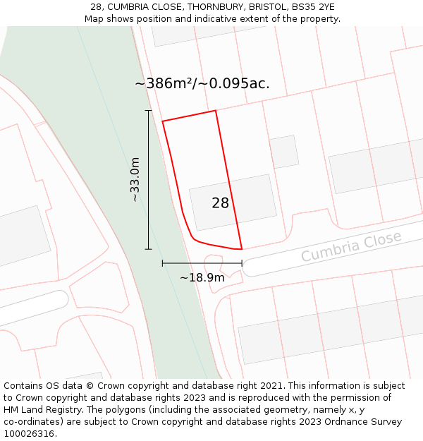 28, CUMBRIA CLOSE, THORNBURY, BRISTOL, BS35 2YE: Plot and title map