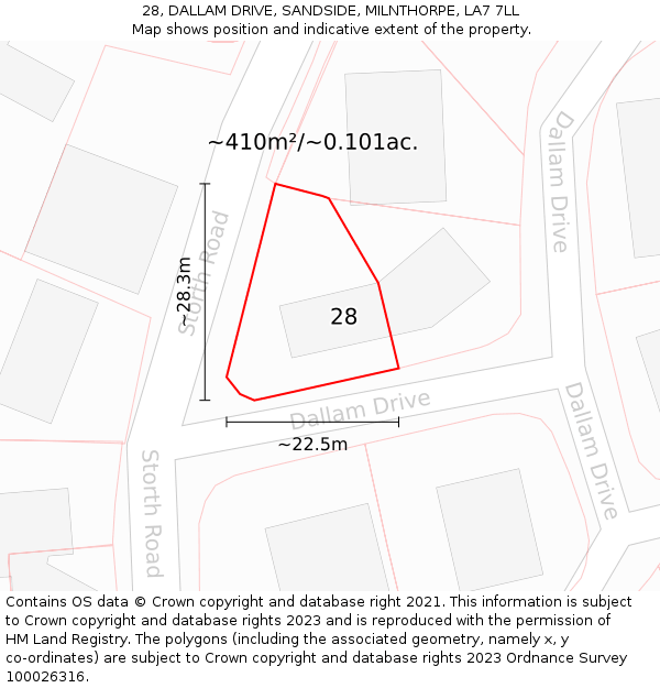 28, DALLAM DRIVE, SANDSIDE, MILNTHORPE, LA7 7LL: Plot and title map