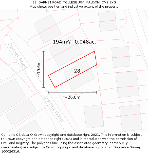 28, DARNET ROAD, TOLLESBURY, MALDON, CM9 8XG: Plot and title map