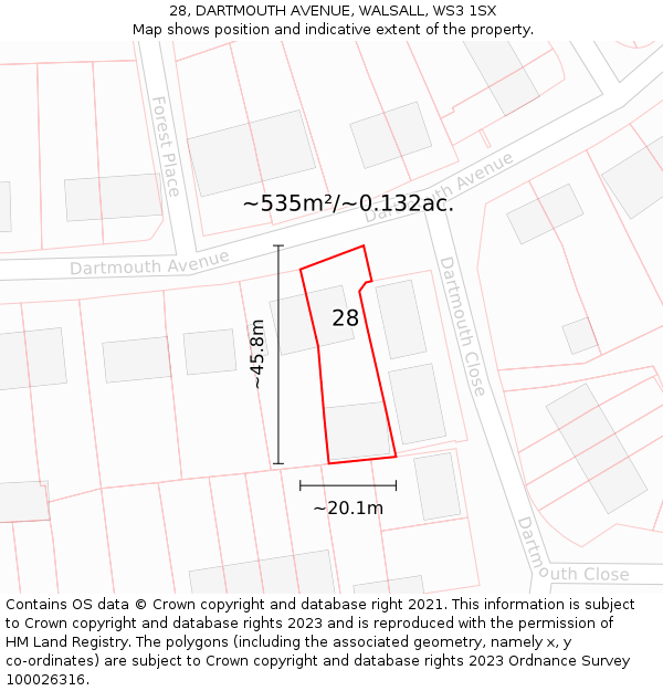 28, DARTMOUTH AVENUE, WALSALL, WS3 1SX: Plot and title map