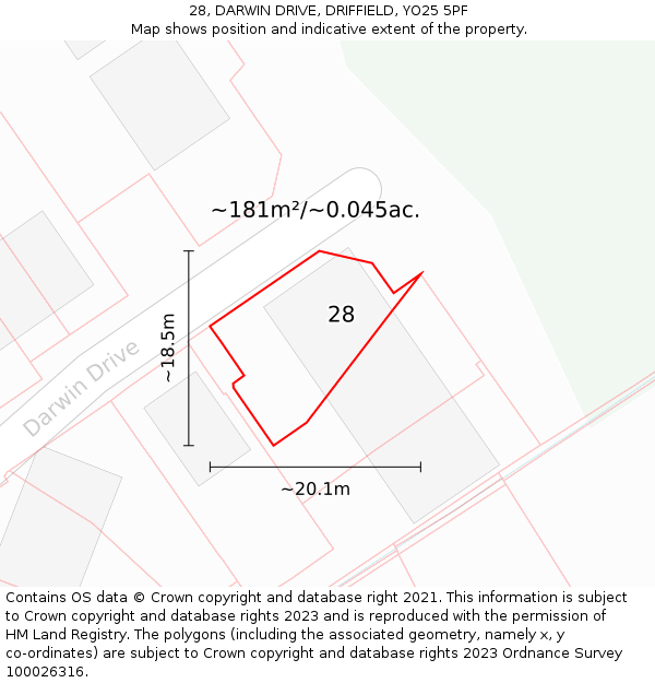 28, DARWIN DRIVE, DRIFFIELD, YO25 5PF: Plot and title map