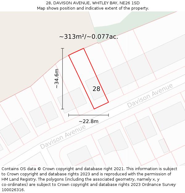 28, DAVISON AVENUE, WHITLEY BAY, NE26 1SD: Plot and title map