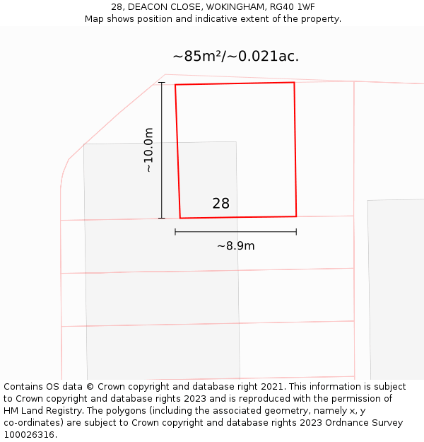 28, DEACON CLOSE, WOKINGHAM, RG40 1WF: Plot and title map