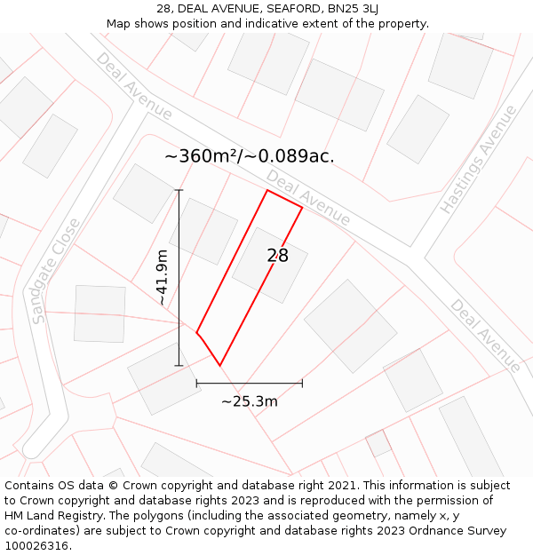 28, DEAL AVENUE, SEAFORD, BN25 3LJ: Plot and title map