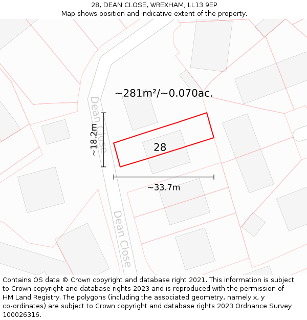 28, DEAN CLOSE, WREXHAM, LL13 9EP: Plot and title map