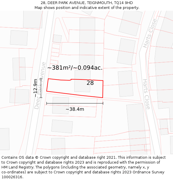 28, DEER PARK AVENUE, TEIGNMOUTH, TQ14 9HD: Plot and title map