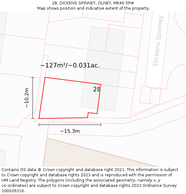28, DICKENS SPINNEY, OLNEY, MK46 5PW: Plot and title map