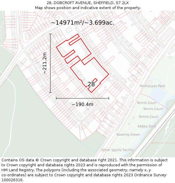 28, DOBCROFT AVENUE, SHEFFIELD, S7 2LX: Plot and title map