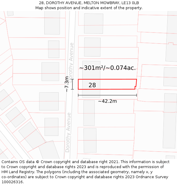 28, DOROTHY AVENUE, MELTON MOWBRAY, LE13 0LB: Plot and title map