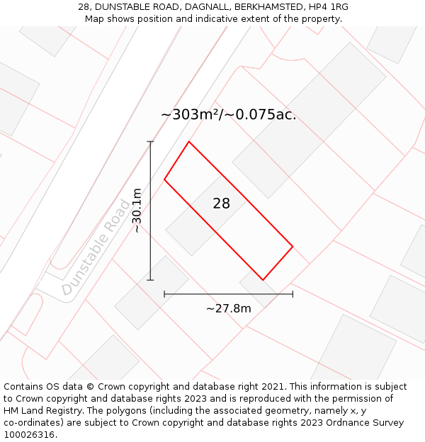 28, DUNSTABLE ROAD, DAGNALL, BERKHAMSTED, HP4 1RG: Plot and title map