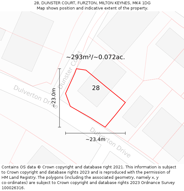 28, DUNSTER COURT, FURZTON, MILTON KEYNES, MK4 1DG: Plot and title map