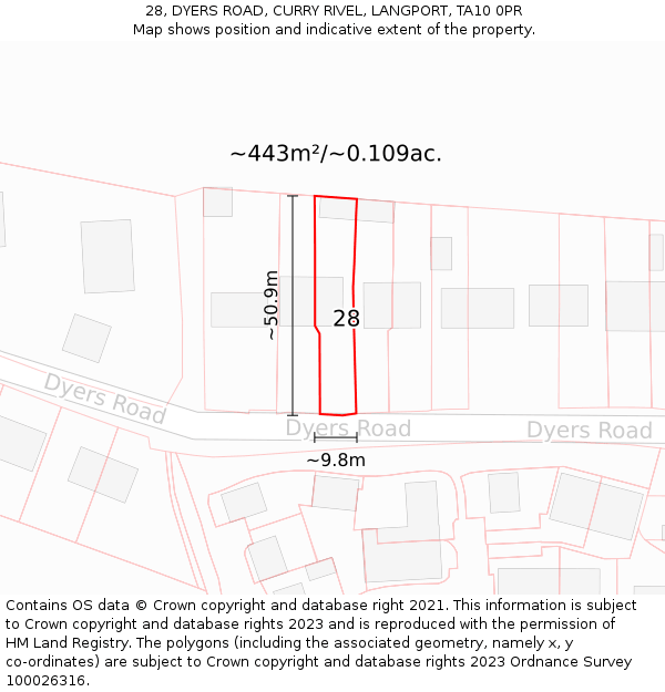 28, DYERS ROAD, CURRY RIVEL, LANGPORT, TA10 0PR: Plot and title map