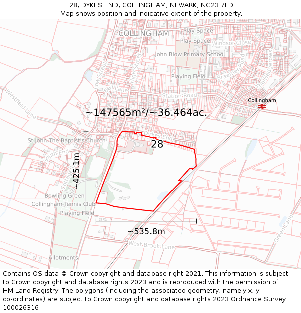 28, DYKES END, COLLINGHAM, NEWARK, NG23 7LD: Plot and title map