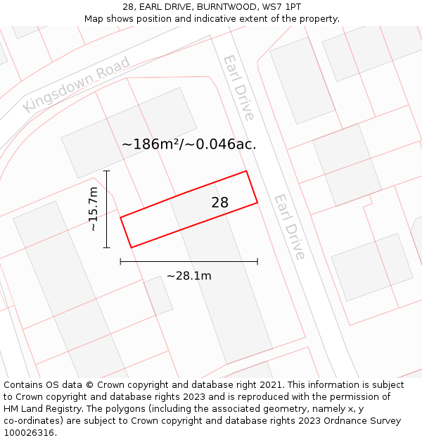 28, EARL DRIVE, BURNTWOOD, WS7 1PT: Plot and title map