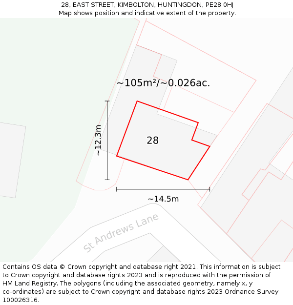 28, EAST STREET, KIMBOLTON, HUNTINGDON, PE28 0HJ: Plot and title map