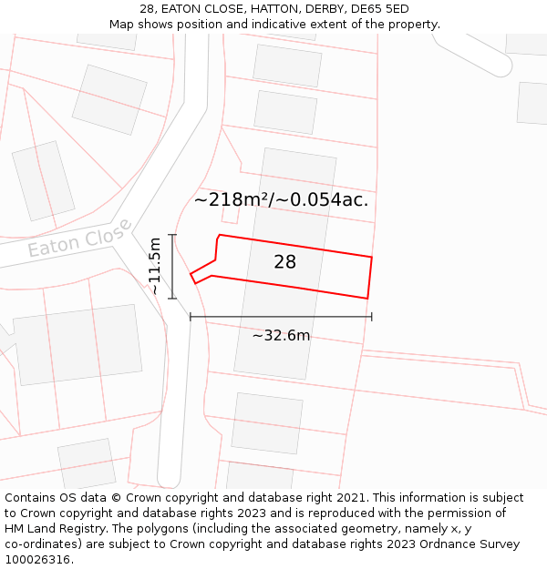 28, EATON CLOSE, HATTON, DERBY, DE65 5ED: Plot and title map