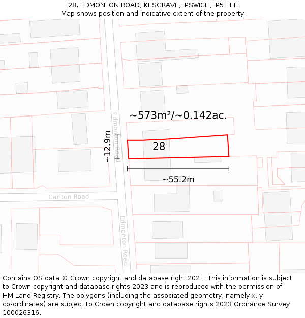 28, EDMONTON ROAD, KESGRAVE, IPSWICH, IP5 1EE: Plot and title map