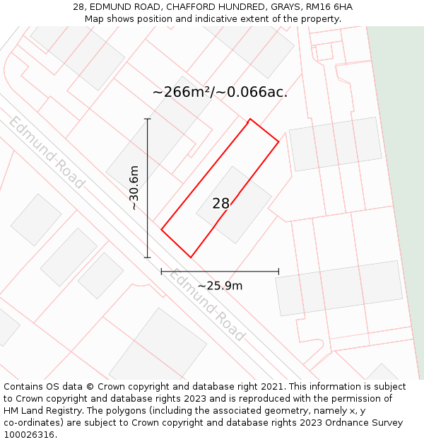 28, EDMUND ROAD, CHAFFORD HUNDRED, GRAYS, RM16 6HA: Plot and title map