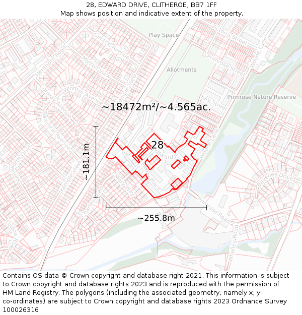 28, EDWARD DRIVE, CLITHEROE, BB7 1FF: Plot and title map