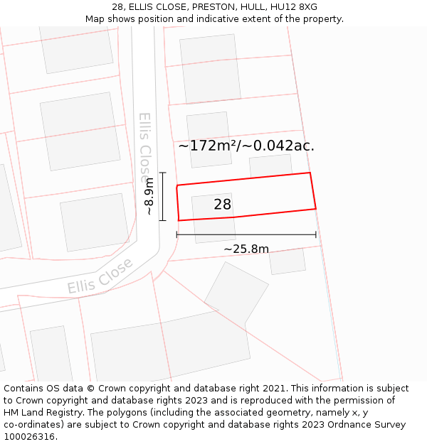 28, ELLIS CLOSE, PRESTON, HULL, HU12 8XG: Plot and title map