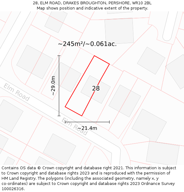 28, ELM ROAD, DRAKES BROUGHTON, PERSHORE, WR10 2BL: Plot and title map