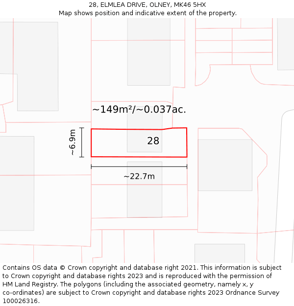 28, ELMLEA DRIVE, OLNEY, MK46 5HX: Plot and title map