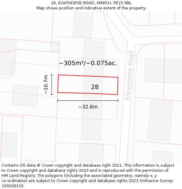 28, ELWYNDENE ROAD, MARCH, PE15 9BL: Plot and title map