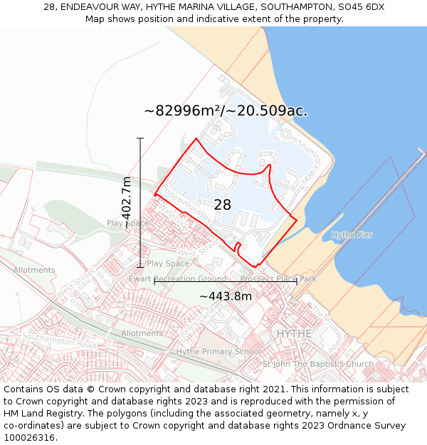 28, ENDEAVOUR WAY, HYTHE MARINA VILLAGE, SOUTHAMPTON, SO45 6DX: Plot and title map