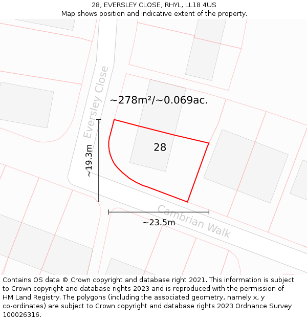 28, EVERSLEY CLOSE, RHYL, LL18 4US: Plot and title map