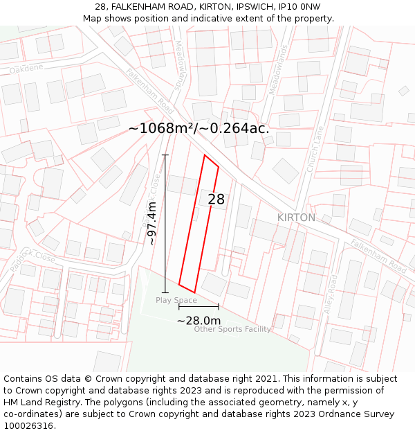 28, FALKENHAM ROAD, KIRTON, IPSWICH, IP10 0NW: Plot and title map